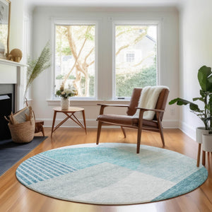 HomeRoots 8' Teal and Ivory Geometric Round Rug - Washable, UV-Protected, Modern Home Décor for Any Space 655863