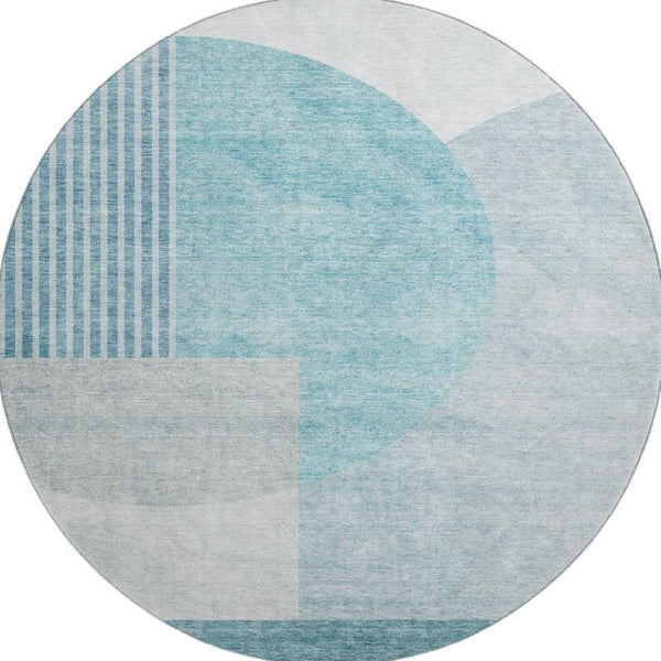 HomeRoots 8' Teal and Ivory Geometric Round Rug - Washable, UV-Protected, Modern Home Décor for Any Space 655863