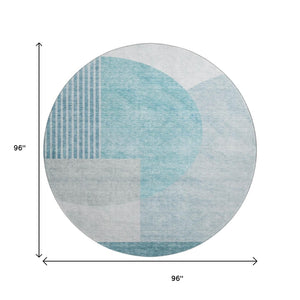 HomeRoots 8' Teal and Ivory Geometric Round Rug - Washable, UV-Protected, Modern Home Décor for Any Space 655863