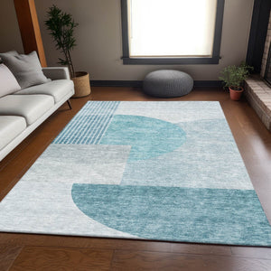 HomeRoots 8' X 10' Teal & Ivory Geometric Area Rug - Stain Resistant, UV Protected, Durable for High-Traffic Homes 655864