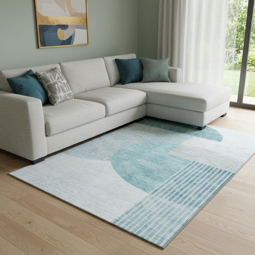 HomeRoots 8' X 10' Teal & Ivory Geometric Area Rug - Stain Resistant, UV Protected, Durable for High-Traffic Homes 655864