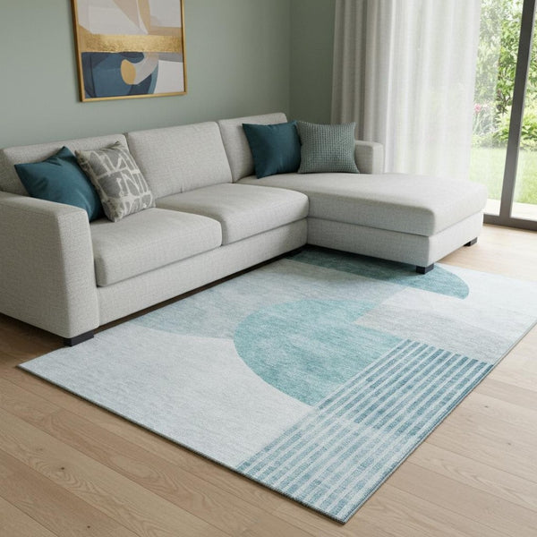 HomeRoots 8' X 10' Teal & Ivory Geometric Area Rug - Stain Resistant, UV Protected, Durable for High-Traffic Homes 655864