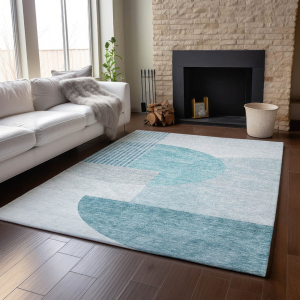 HomeRoots 8' X 10' Teal & Ivory Geometric Area Rug - Stain Resistant, UV Protected, Durable for High-Traffic Homes 655864