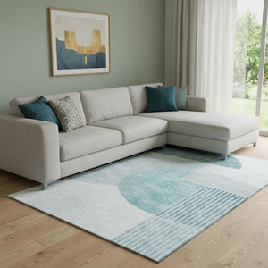 HomeRoots 9' X 12' Teal and Ivory Geometric Area Rug - Durable, Washable, UV-Protected for Modern Living Spaces 655865