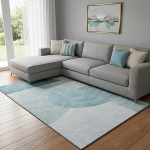 HomeRoots 10' X 14' Teal and Ivory Geometric Area Rug – Durable, Washable, UV-Protected for Busy Homes 655866