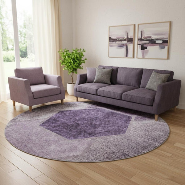 HomeRoots 8' Eggplant & Ivory Geometric Round Rug - Washable, UV-Protected, Pet-Friendly, Stylish Design 655869