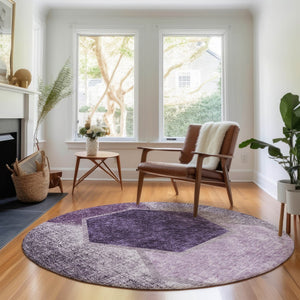 HomeRoots 8' Eggplant & Ivory Geometric Round Rug - Washable, UV-Protected, Pet-Friendly, Stylish Design 655869