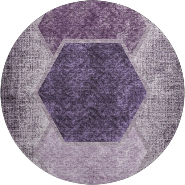 HomeRoots 8' Eggplant & Ivory Geometric Round Rug - Washable, UV-Protected, Pet-Friendly, Stylish Design 655869
