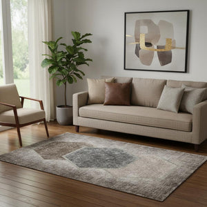 HomeRoots 5' X 8' Geometric Washable Area Rug in Brown Taupe & Charcoal - UV Protected, Durable & Stylish decor 655874