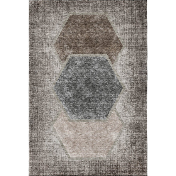HomeRoots 5' X 8' Geometric Washable Area Rug in Brown Taupe & Charcoal - UV Protected, Durable & Stylish decor 655874