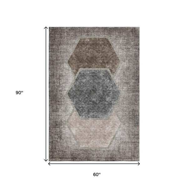 HomeRoots 5' X 8' Geometric Washable Area Rug in Brown Taupe & Charcoal - UV Protected, Durable & Stylish decor 655874