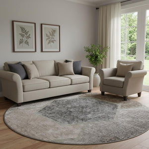 HomeRoots 8' Modern Brown Taupe Charcoal Geometric Washable Round Rug with UV Protection for Active Homes 655875