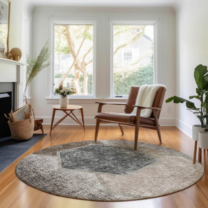 HomeRoots 8' Modern Brown Taupe Charcoal Geometric Washable Round Rug with UV Protection for Active Homes 655875