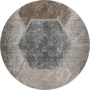 HomeRoots 8' Modern Brown Taupe Charcoal Geometric Washable Round Rug with UV Protection for Active Homes 655875