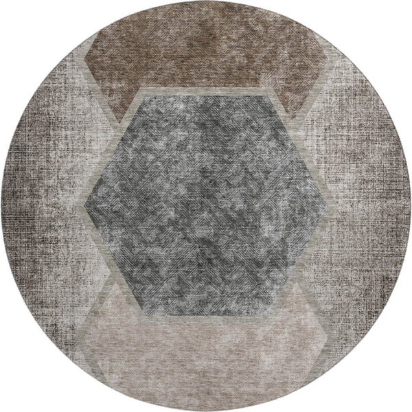 HomeRoots 8' Modern Brown Taupe Charcoal Geometric Washable Round Rug with UV Protection for Active Homes 655875