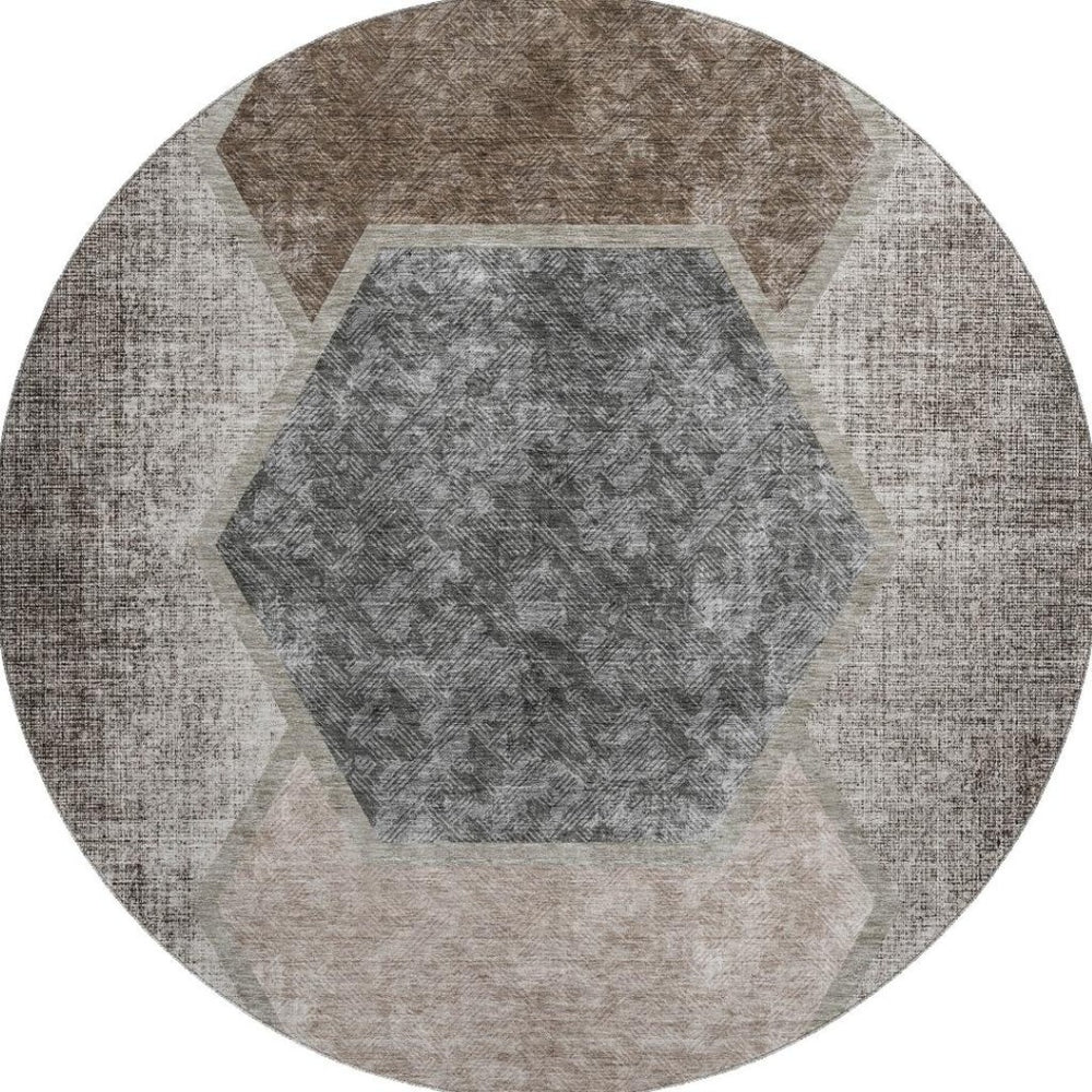 HomeRoots 8' Modern Brown Taupe Charcoal Geometric Washable Round Rug with UV Protection for Active Homes 655875