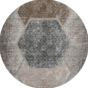HomeRoots 8' Modern Brown Taupe Charcoal Geometric Washable Round Rug with UV Protection for Active Homes 655875