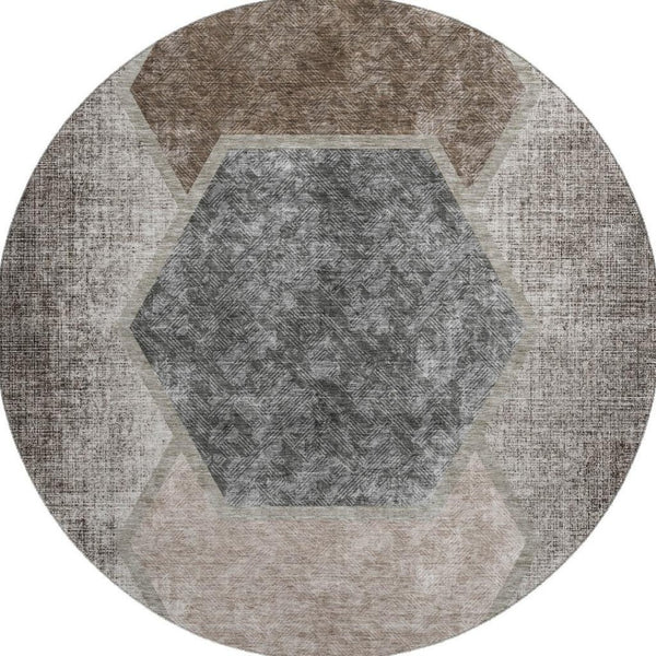 HomeRoots 8' Modern Brown Taupe Charcoal Geometric Washable Round Rug with UV Protection for Active Homes 655875