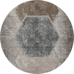 HomeRoots 8' Modern Brown Taupe Charcoal Geometric Washable Round Rug with UV Protection for Active Homes 655875