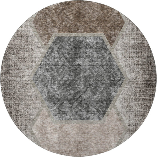 HomeRoots 8' Modern Brown Taupe Charcoal Geometric Washable Round Rug with UV Protection for Active Homes 655875