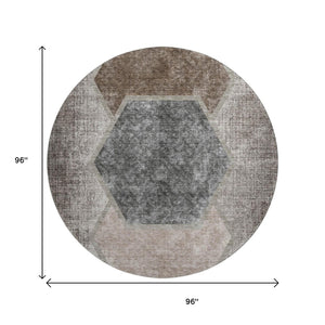HomeRoots 8' Modern Brown Taupe Charcoal Geometric Washable Round Rug with UV Protection for Active Homes 655875