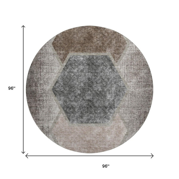 HomeRoots 8' Modern Brown Taupe Charcoal Geometric Washable Round Rug with UV Protection for Active Homes 655875