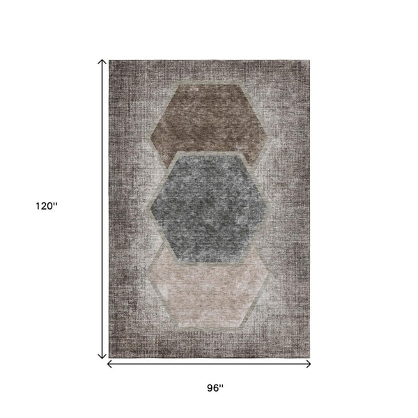HomeRoots 8' X 10' Brown Taupe & Charcoal Geometric Area Rug - Stylish, Washable, UV Protected & Durable Design 655876