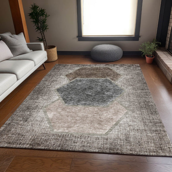 HomeRoots 8' X 10' Brown Taupe & Charcoal Geometric Area Rug - Stylish, Washable, UV Protected & Durable Design 655876
