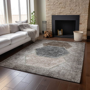 HomeRoots 8' X 10' Brown Taupe & Charcoal Geometric Area Rug - Stylish, Washable, UV Protected & Durable Design 655876