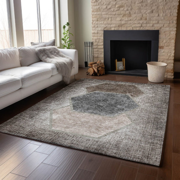 HomeRoots 8' X 10' Brown Taupe & Charcoal Geometric Area Rug - Stylish, Washable, UV Protected & Durable Design 655876