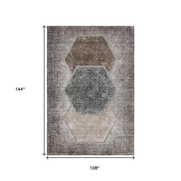HomeRoots 9' X 12' Washable Geometric Area Rug in Brown Taupe & Charcoal - Durable, Stylish, UV Protected! 655877