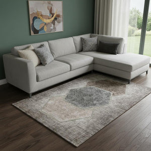 HomeRoots 9' X 12' Washable Geometric Area Rug in Brown Taupe & Charcoal - Durable, Stylish, UV Protected! 655877