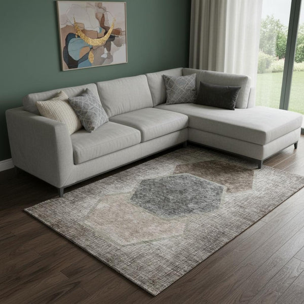 HomeRoots 9' X 12' Washable Geometric Area Rug in Brown Taupe & Charcoal - Durable, Stylish, UV Protected! 655877