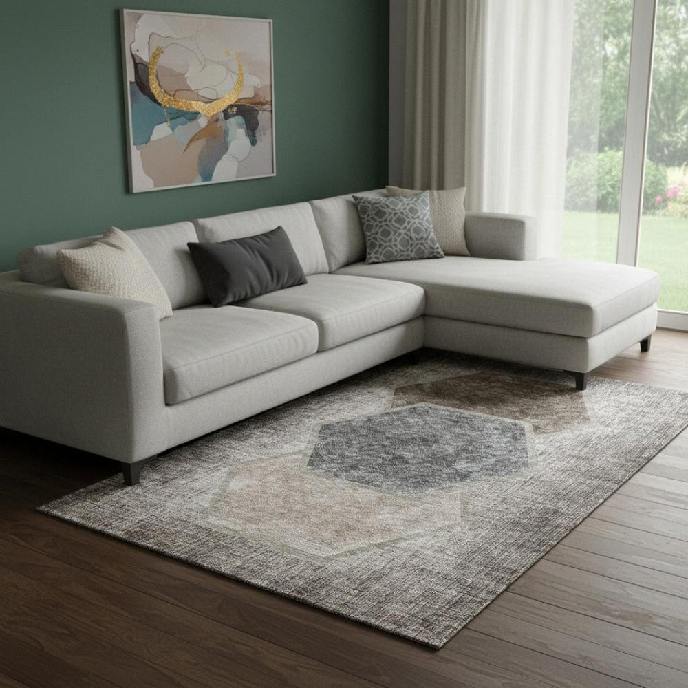 HomeRoots 10' Modern Geometric Brown Taupe & Charcoal Washable Area Rug with UV Protection for High-Traffic Spaces 655878