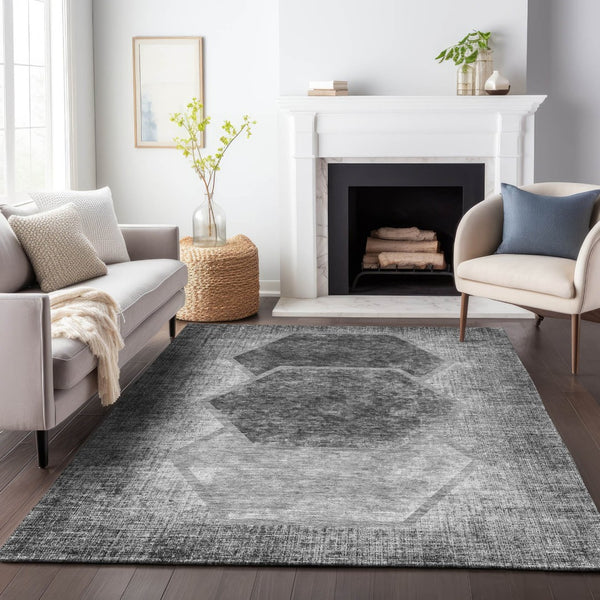 HomeRoots 5' X 8' Gray And Silver Geometric Area Rug – Washable, UV Protected, Stylish & Durable for Modern Homes 655880