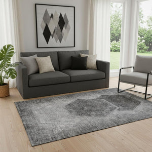HomeRoots 5' X 8' Gray And Silver Geometric Area Rug – Washable, UV Protected, Stylish & Durable for Modern Homes 655880
