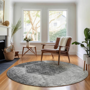 HomeRoots 8' Gray and Silver Geometric Round Rug - Washable, UV-Protected, Stylish Design for Any Space 655881