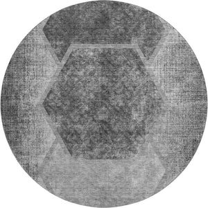 HomeRoots 8' Gray and Silver Geometric Round Rug - Washable, UV-Protected, Stylish Design for Any Space 655881