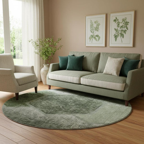 HomeRoots 8' Olive Green Geometric Washable Round Rug - Stylish, Durable & UV-Protected for High-Traffic Areas 655887