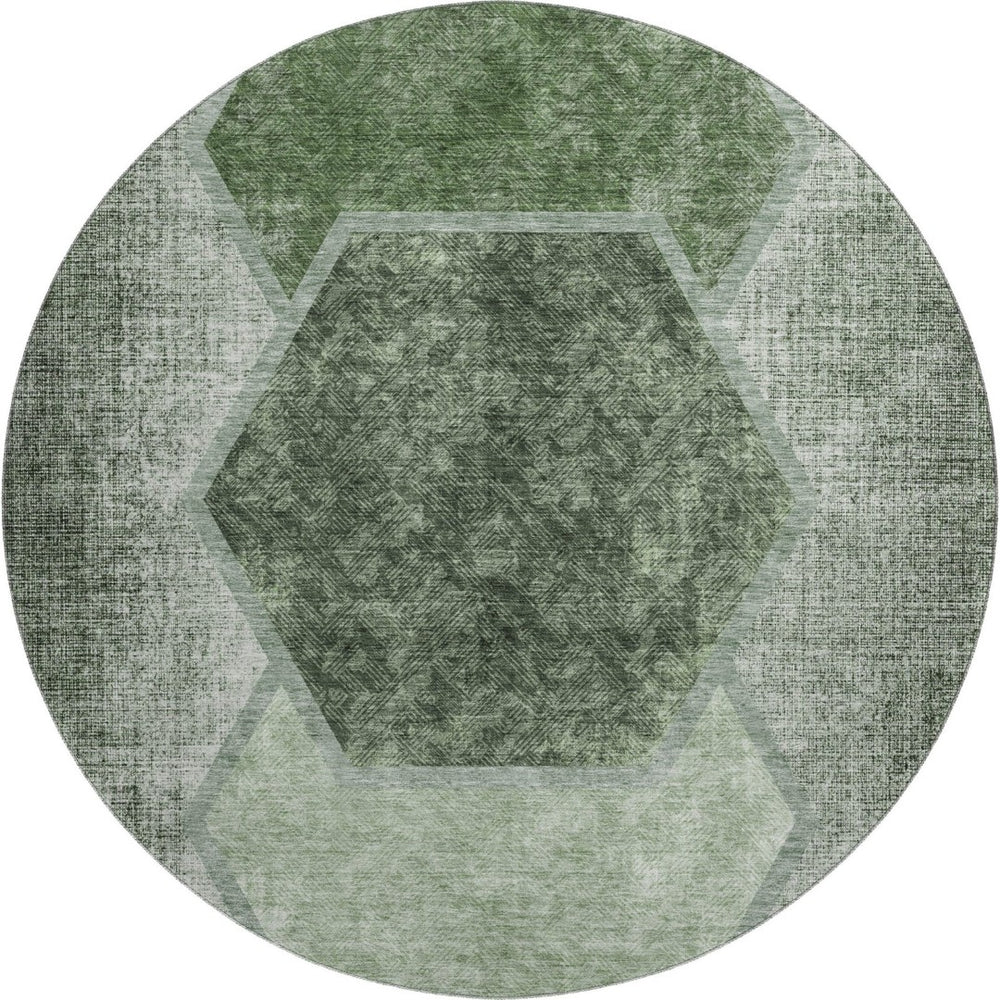 HomeRoots 8' Olive Green Geometric Washable Round Rug - Stylish, Durable & UV-Protected for High-Traffic Areas 655887