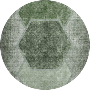 HomeRoots 8' Olive Green Geometric Washable Round Rug - Stylish, Durable & UV-Protected for High-Traffic Areas 655887