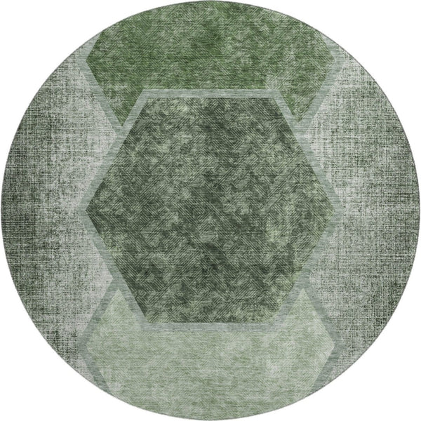 HomeRoots 8' Olive Green Geometric Washable Round Rug - Stylish, Durable & UV-Protected for High-Traffic Areas 655887