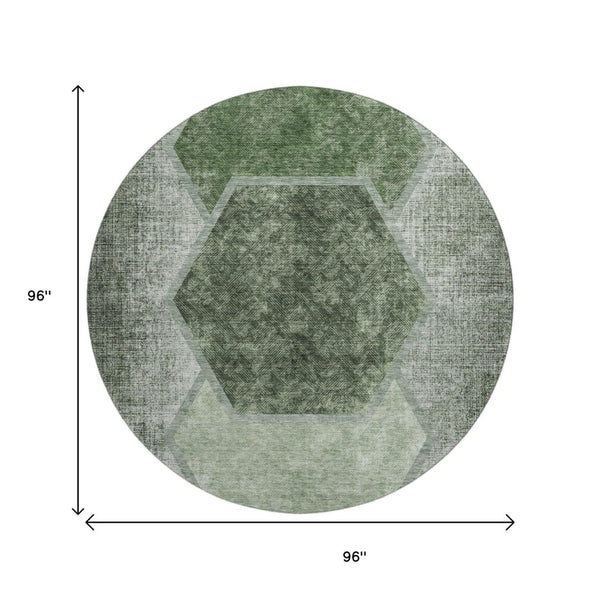 HomeRoots 8' Olive Green Geometric Washable Round Rug - Stylish, Durable & UV-Protected for High-Traffic Areas 655887