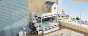 English Elm Twin Over Kids Bunk Bed with Castle Roofline Led Lights and Staircase Storage White N820S00068K