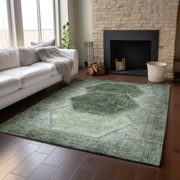 HomeRoots 9' X 12' Olive Green & Charcoal Geometric Area Rug - Washable, UV-Protected for High-Traffic Spaces 655889