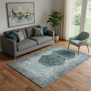 HomeRoots 5' Teal and Ivory Geometric Area Rug - Washable, UV-Protected, Durable for Homes with Kids & Pets 655892