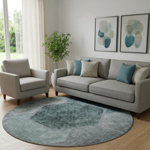 HomeRoots 8' Teal and Ivory Geometric Round Rug – Washable, UV-Protected, Perfect for Kids and Pets! 655893