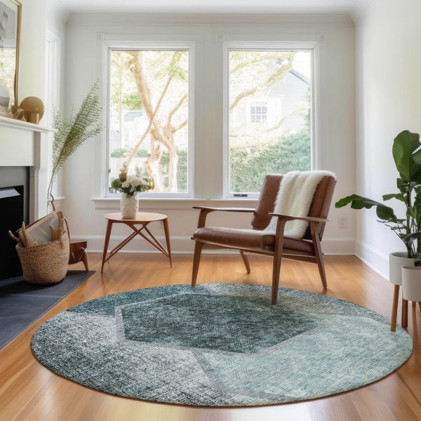 HomeRoots 8' Teal and Ivory Geometric Round Rug – Washable, UV-Protected, Perfect for Kids and Pets! 655893