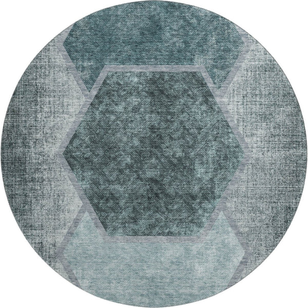 HomeRoots 8' Teal and Ivory Geometric Round Rug – Washable, UV-Protected, Perfect for Kids and Pets! 655893