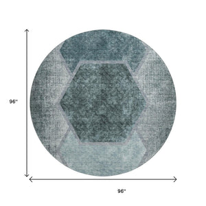 HomeRoots 8' Teal and Ivory Geometric Round Rug – Washable, UV-Protected, Perfect for Kids and Pets! 655893